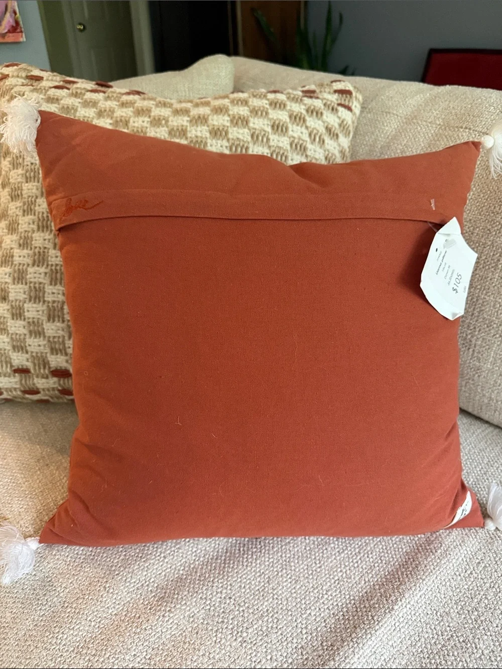 Ellen Degeneres Rust Orange Pillow with White Llama Rope Design